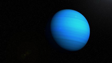 Blue gas giant planet in space with sun flares and stars in the background