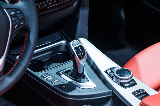 Moscow, Russia, August 30, 2014 - gear shift knob in a modern car