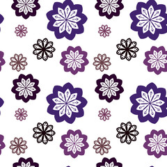 Seamless repeat pattern with violer, purple flowers in   on white background. drawn fabric, gift wrap, wall art design, wrapping paper, background, fabric print, web page backdrop.