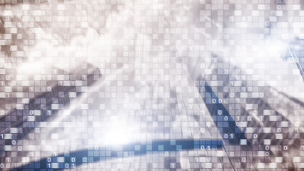 Digital code on blur city background. Abstract Binary code.
