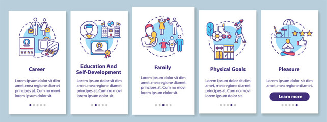 Self-realization onboarding mobile app page screen with concepts. Work and rest balance. Improvement goal walkthrough 5 steps graphic instructions. UI vector template with RGB color illustrations