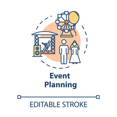 Obraz premium Event planning concept icon. Performance on concert. Wedding organization. Professional agency idea thin line illustration. Vector isolated outline RGB color drawing. Editable stroke