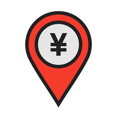 Bank ATM Yen currency Location Icon on white background to use in web application interface. It can also be used for travel and tourism industry.