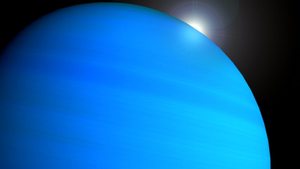 Blue gas giant planet in space with sun flares and stars in the background