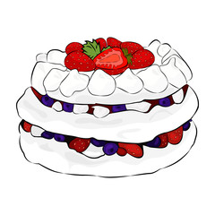 Appetizing Meringue Cake With Berries Isolated On the White Background. Cartoon Flat Style. Vector Illustration