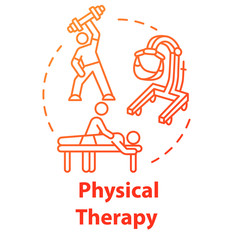 Physical therapy concept icon. Workout in gym. Massage for wellness. Rehabilitation procedures. Physiotherapy idea thin line illustration. Vector isolated outline RGB color drawing. Editable stroke