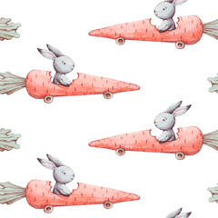 Cute watercolor seamless pattern. Wallpaper with sweet fantasy bunneis cartoon animals with carrots on white background. Hand drawn vintage texture.