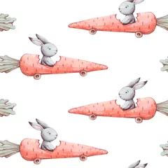 Wallpaper murals Animals in transport Cute watercolor seamless pattern. Wallpaper with sweet fantasy bunneis cartoon animals with carrots on white background. Hand drawn vintage texture.
