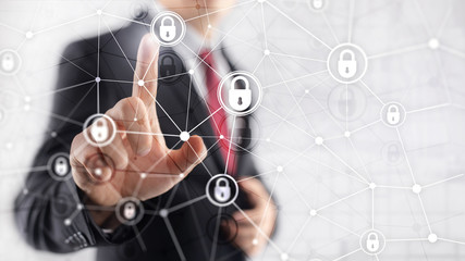 Cyber security, information privacy, data protection concept on modern server room background. Internet and digital technology concept.