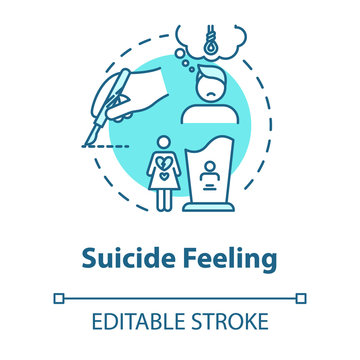 Suicide feeling concept icon. Suicidal ideation. Mental disorder, depression. Health care. Psychiatric illness idea thin line illustration. Vector isolated outline RGB color drawing. Editable stroke