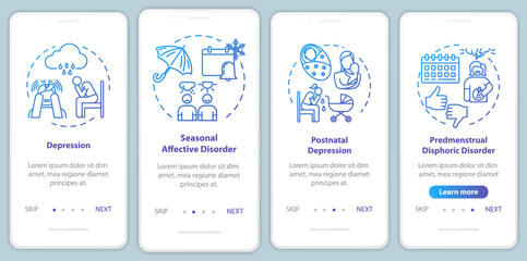 Fototapeta na wymiar Mental disorder onboarding mobile app page screen with concepts. Psychological problem walkthrough four steps graphic instructions. Seasonal depression. UI vector template with RGB color illustrations