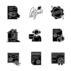 Notary services black glyph icons set on white space. Apostille and legalization. Legal document. Affidavit. Diploma. Signature. Call center. Silhouette symbols. Vector isolated illustration
