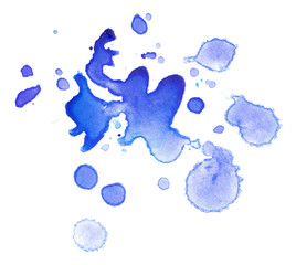 Watercolor blue stain drops of paint splashes, abstract with texture on a white background isolated.