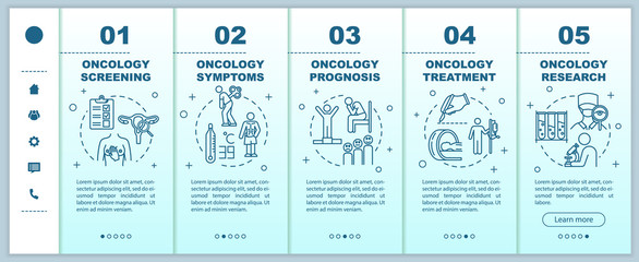 Oncology onboarding vector template. Illness research and treatment. Cancer symptoms and prognosis. Responsive mobile website with icons. Webpage walkthrough step screens. RGB color concept