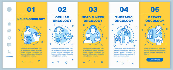 Oncology onboarding vector template. Ocular and thoracic cancer treatment. Responsive mobile website with icons. Head and neck, breast oncology. Webpage walkthrough step screens. RGB color concept