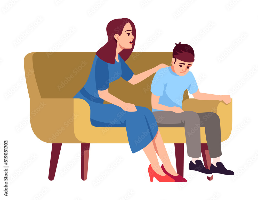 Poster mother and son on sofa semi flat rgb color vector illustration. woman with boy on couch. family conv