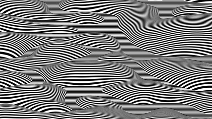 Trendy 3D black and white stripes distorted backdrop. Abstract noise landscape. Procedural ripple background with optical illusion effect.