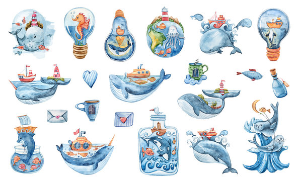 Watercolor hand painted cartoon sea characters. Cute lovely fantasy whales, fish, sea star, shark, dolphin, sea horse. Perfect for print, pattern, textile design, fabric, poster, travel blog