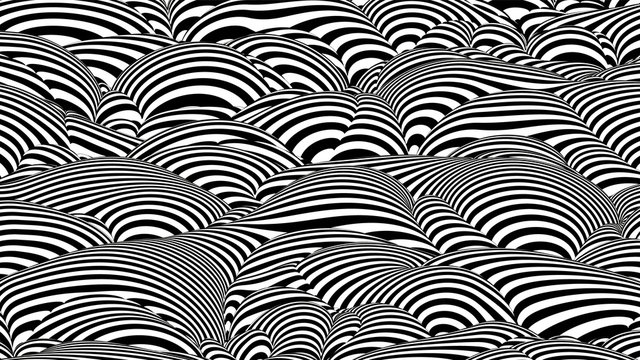 Trendy 3D black and white stripes distorted backdrop. Abstract noise landscape. Procedural ripple background with optical illusion effect.