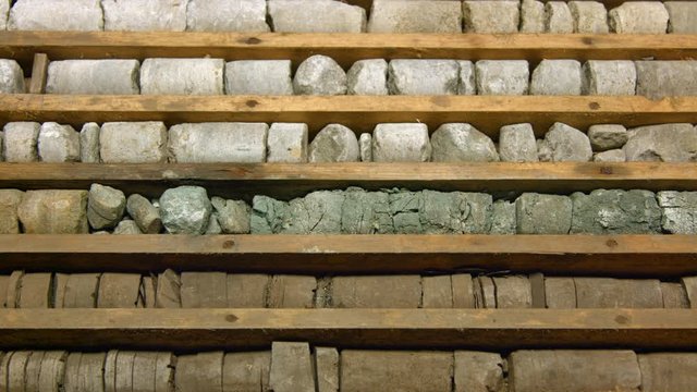 Geological drill core samples in wooden box