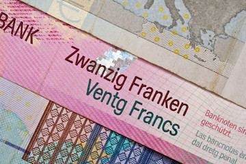 Various Euro, US dollar and Swiss franc banknotes