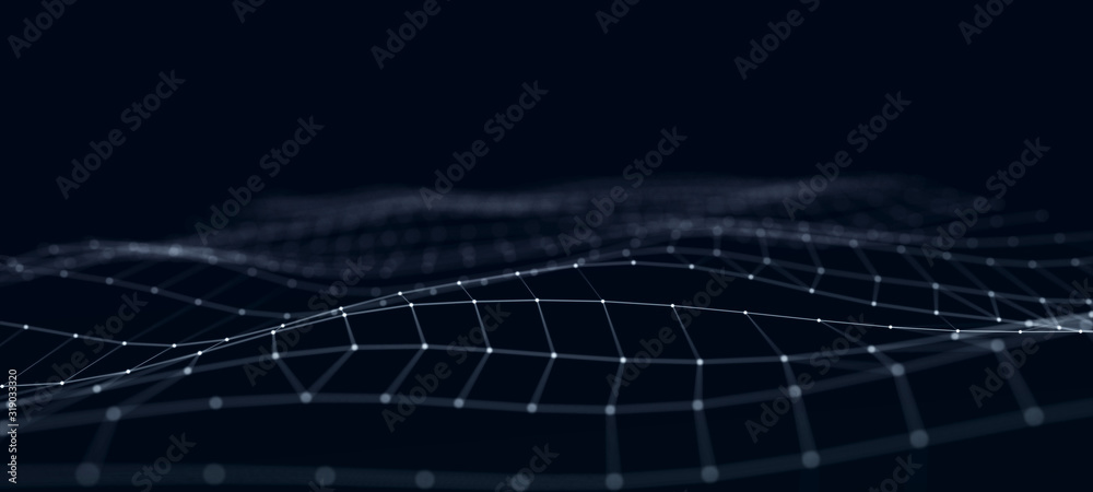 Fototapete Futuristic abstract mesh. Wave with the connection of dots and lines. 3D rendering.