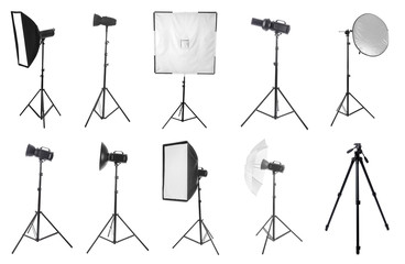 Set of different professional equipment for photo studio on white background