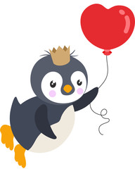 Cute king penguin flying with a heart shaped balloon