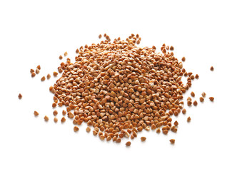 Heap of raw buckwheat on white background