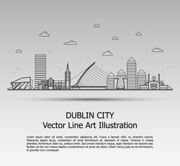 Line Art Vector Illustration of Modern Dublin City with Skyscrapers. Flat Line Graphic. Typographic Style Banner. The Most Famous Buildings Cityscape on Gray Background.