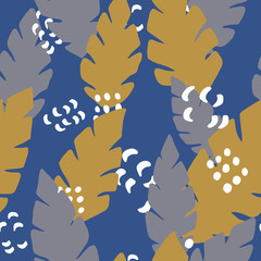 Tropical abstract seamless pattern with grey and brown leaves on classic blue background. Vector stock illustration for fabric, textile, wallpaper, posters, paper. Fashion floral print. Doodle style.