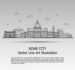 Line Art Vector Illustration of Modern Rome City with Skyscrapers. Flat Line Graphic. Typographic Style Banner. The Most Famous Buildings Cityscape on Gray Background.