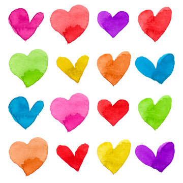 Isolated watercolor illustrated and painted hearts in rainbow colors pattern set