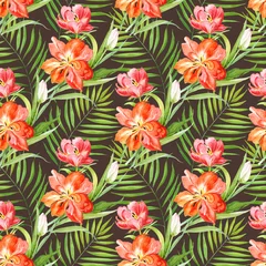 Fotobehang seamless pattern with watercolor flowers palm leaves on a brown background. red flowers tulips close-up with green zsotic leaves © Lana