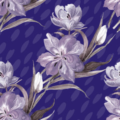 seamless pattern with watercolor flowers and abstract texture on a blue background. gray flowers tulips closeup with ornament