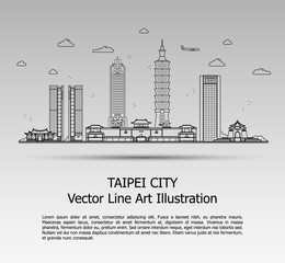 Line Art Vector Illustration of Modern Taipei City with Skyscrapers. Flat Line Graphic. Typographic Style Banner. The Most Famous Buildings Cityscape on Gray Background.