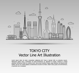 Line Art Vector Illustration of Modern Tokyo City with Skyscrapers. Flat Line Graphic. Typographic Style Banner. The Most Famous Buildings Cityscape on Gray Background. 