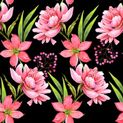 Seamless pattern with watercolor flowers on a black background. Pink peony flowers closeup with green leaves and berries.
