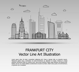 Line Art Vector Illustration of Modern Frankfurt City with Skyscrapers. Flat Line Graphic. Typographic Style Banner. The Most Famous Buildings Cityscape on Gray Background.