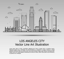 Line Art Vector Illustration of Modern Los Angeles City with Skyscrapers. Flat Line Graphic. Typographic Style Banner. The Most Famous Buildings Cityscape on Gray Background.