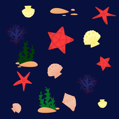 color vector set of starfish, shells, mollusks, stones and algae on a blue background. illustration with elements of summer sea nature. For design postcards.