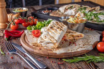 Grilled veggie shawarma and pita bread, restaurant dish, Horizontal orientation