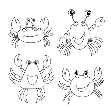 Set of coloring Pages. Coloring Book for kids. Colouring pictures with cute crab. Vector animals illustration. Adorable characters for card, wallpaper, textile, fabric, kindergarten. Cartoon style.