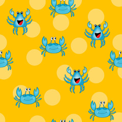 Seamless pattern with cute blue crab on yellow polka dots background. Vector animals colorful illustration. Adorable character for cards, wallpaper, textile, fabric, kindergarten. Cartoon style.
