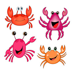 Vector animals set with colorful cute crabs. Adorable Kawaii character for card, poster, wallpaper, sticker, textile, fabric, kindergarten. Cartoon style. Template design. Perfect collection for kids.