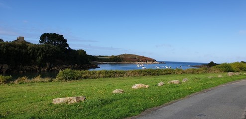 landscape with lake and blue sky