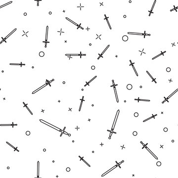 Black line Medieval sword icon isolated seamless pattern on white background. Medieval weapon. Vector Illustration