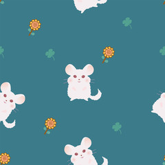 Obraz na płótnie Canvas Animal cute patterns. Chinchilla smile with sunflower and clover leaf on green background.
