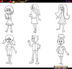 cartoon children characters coloring book page