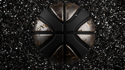 Roasted metallic silver-Black Basketball with Particles. 3D illustration. 3D high quality rendering.